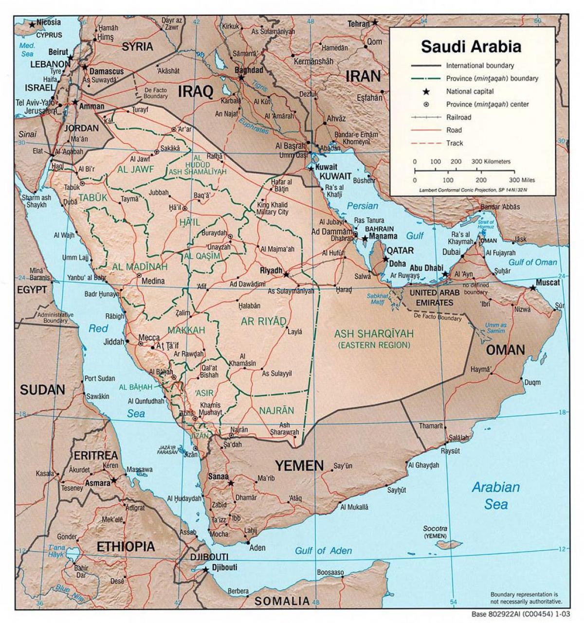 Mapa de l'Aràbia Saudita, amb ciutats per carretera