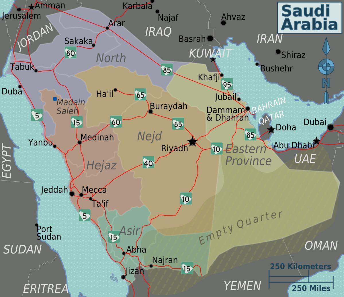 Mapa de l'Aràbia Saudita amb les ciutats distància