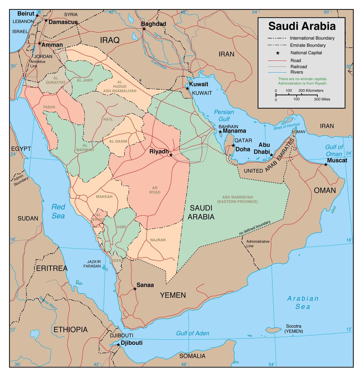 Mapa de contorn Aràbia Saudita amb els països veïns